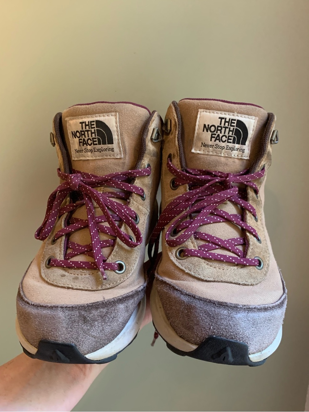 The North Face Women’s Tan and Burgundy Lace-Up Hiking Boots